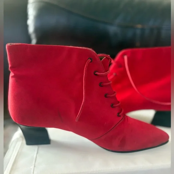 Vintage Yves Saint Laurent Red Satin Lace-Up Ankle BootsItalyBlock Heel